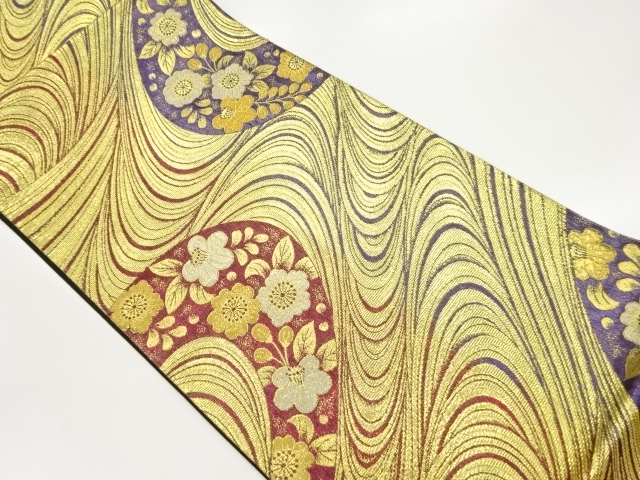 波に草花模様織出し袋帯